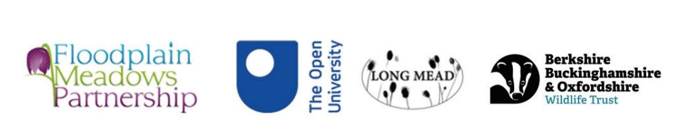 Logos for the ECover, Floodplain Meadows, The Open University, Long Mead and Berkshire/Buckinghamse/Oxfordshire wildlife 