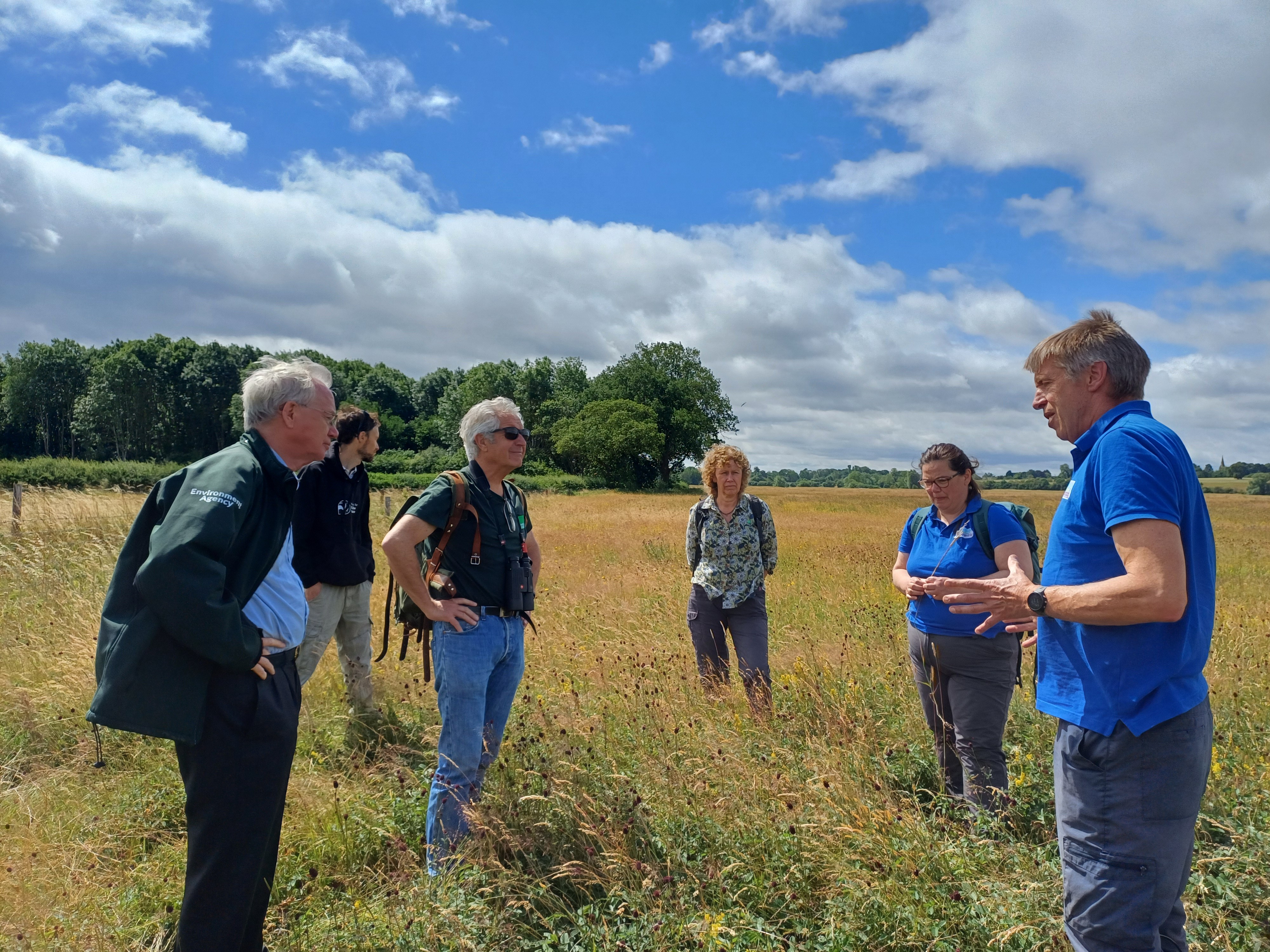 Several people standing talking in a field on a sunny day