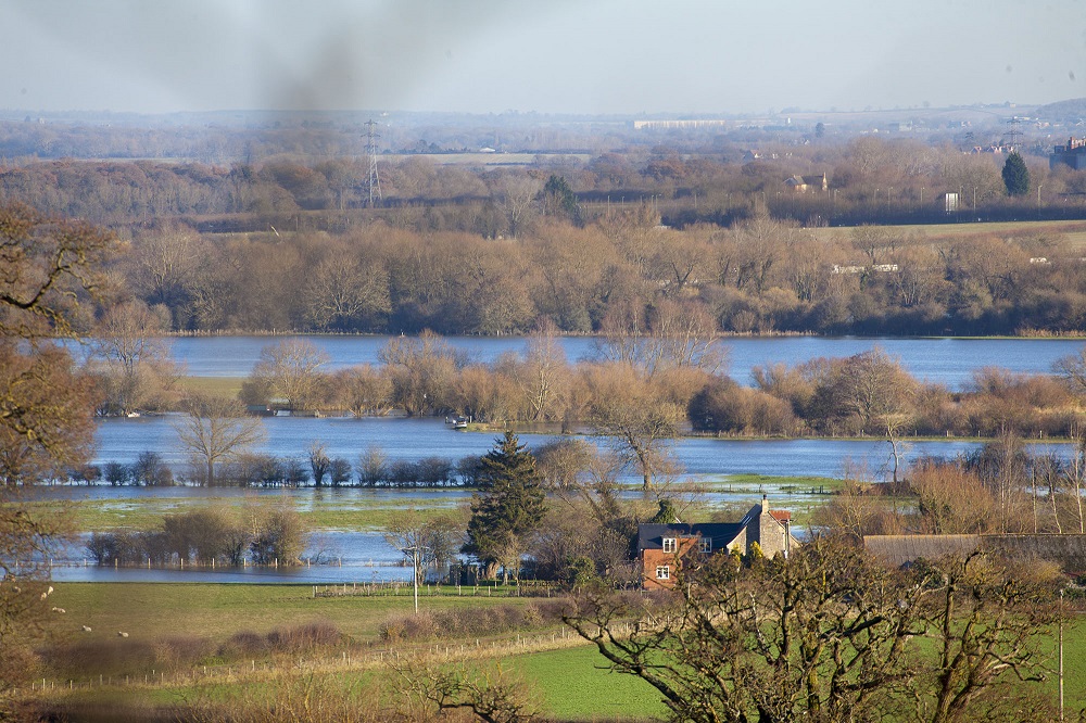 Aerial view of flooded meadows in Oxfordshire