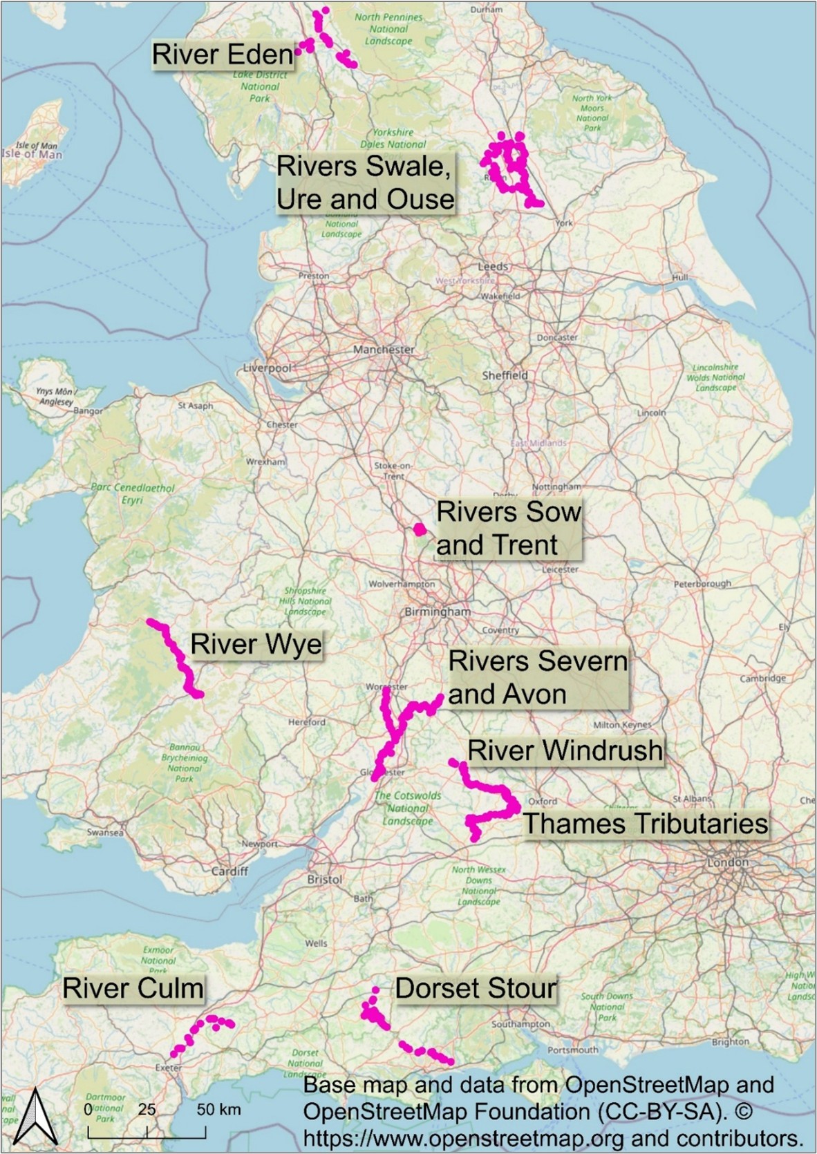 Map of UK showing the location of river catchments used in the research