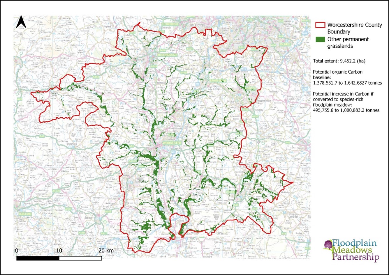 Map of grasslands in Worcestershire