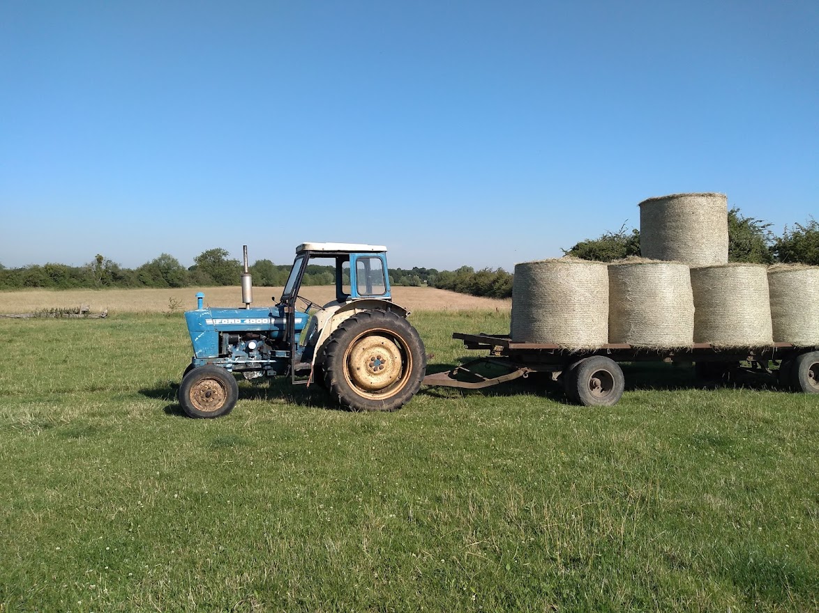 Tractor yn casglu byrnau gwair ar drelar